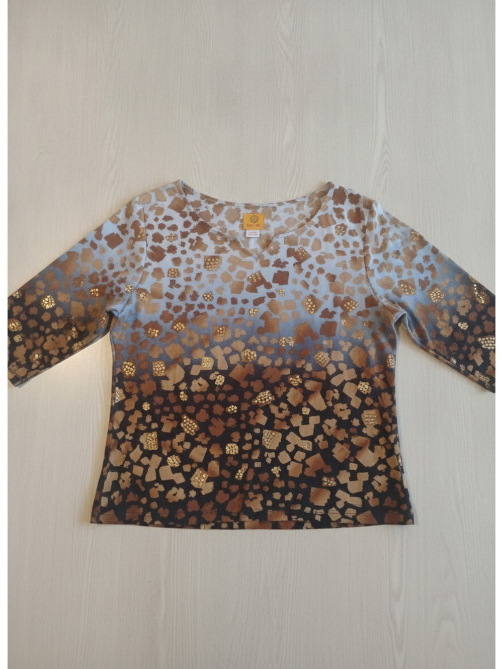 Ruby Rd. Ombre Animal Print 3/4 Sleeve Top Blue Brown Size Large